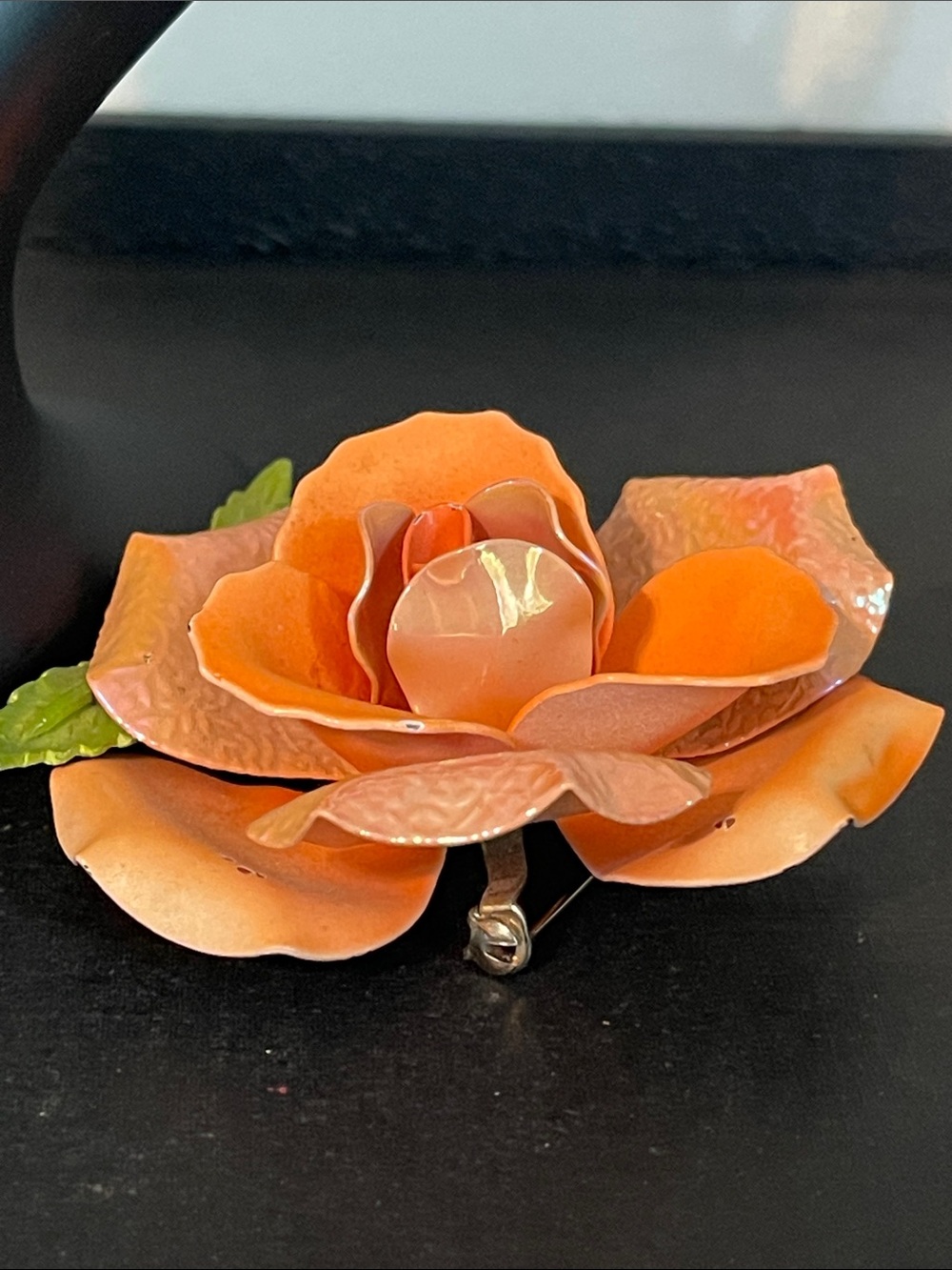 Vintage Multi-Layered Metal Peach Enamel Embossed Iridescent Flower Brooch - Picture 6 of 10